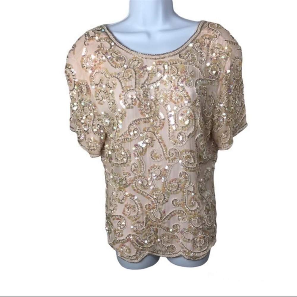 Vintage Art Deco Style Beaded Top by Nite line size large 
Pink silk ,